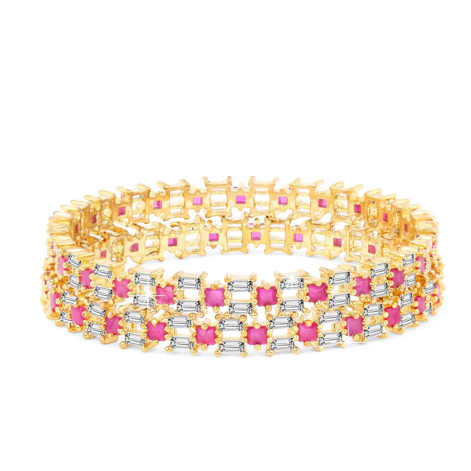 Yellow Chimes Elegant Set of 2 Pcs Pink AD/American Diamond Studded 18k Gold Plated Handcrafted Designer Bangles for Women & Girls (2.4)