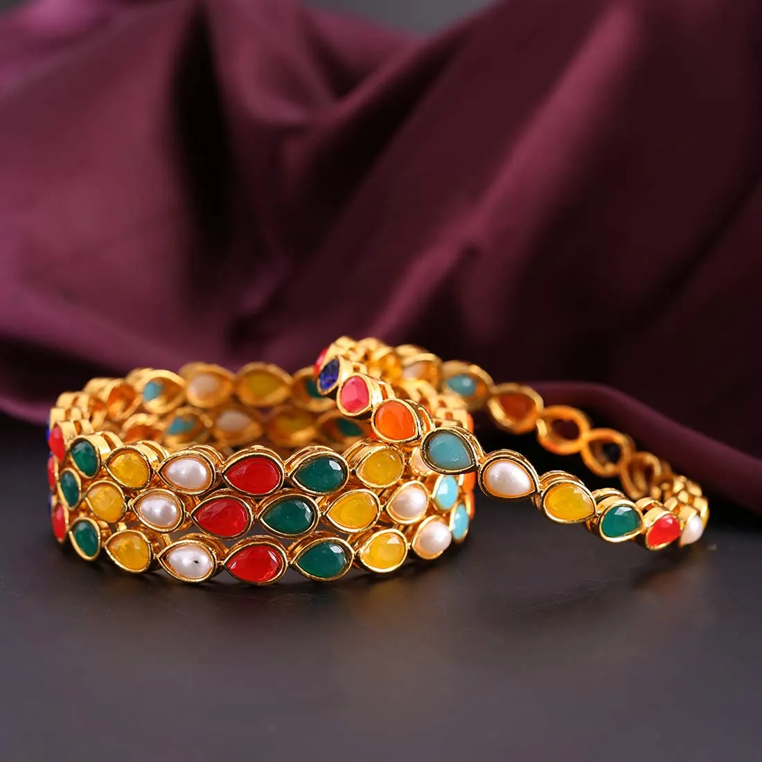 Yellow Chimes Ethnic Gold Plated Multicolor Stone Studded Traditional 4 Pcs Bangles Set for Women and Girls (2.6)