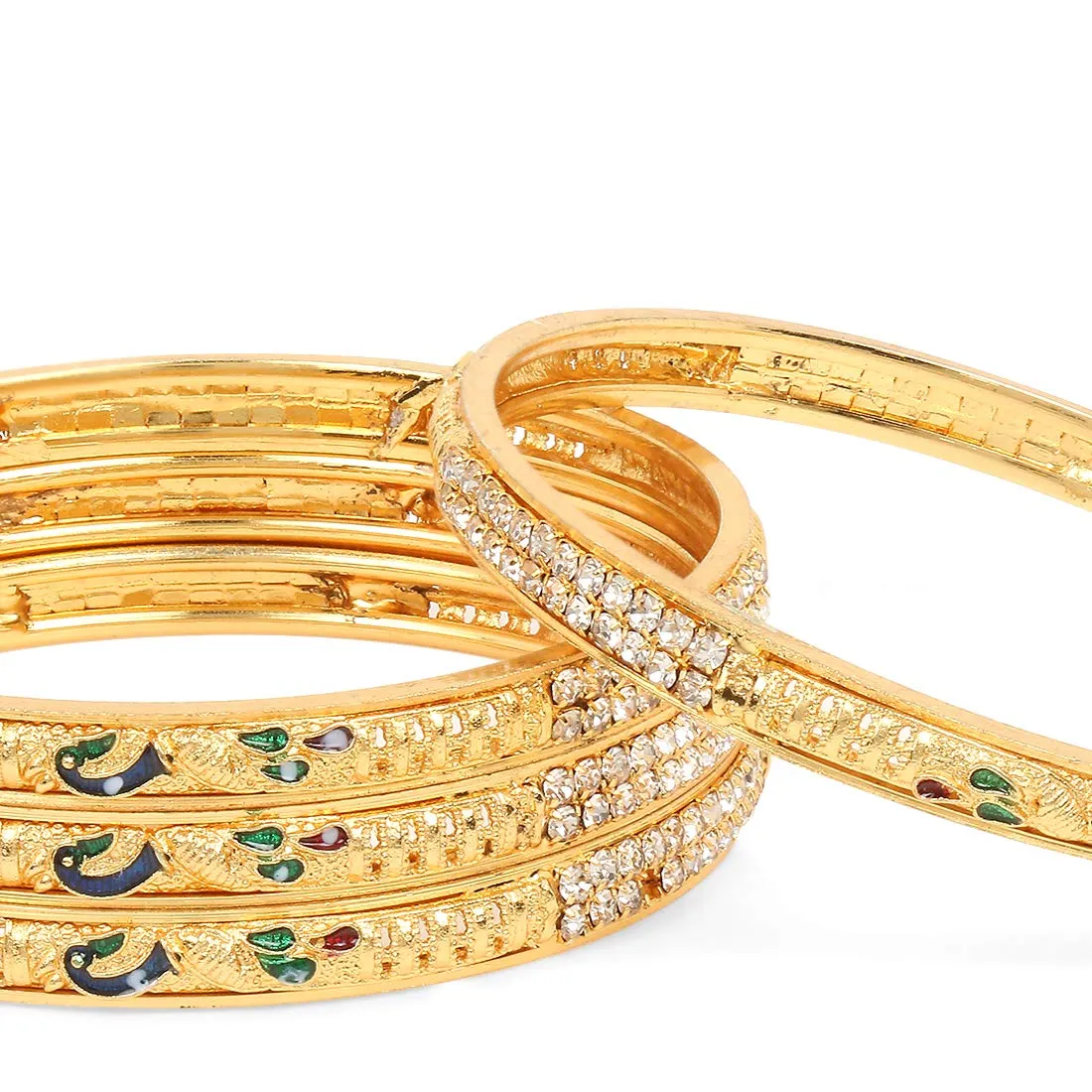 Yellow Chimes Latest Design Ethnic Gold Plated Peacock Designer Crystal Studded Traditional 4 Pcs Bangles Set for Women and Girls (2.6)