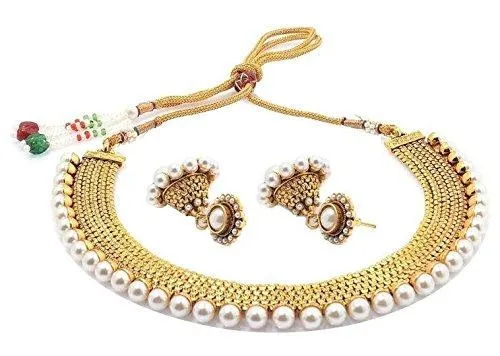 YouBella Jewellery Traditional Pearl Temple coin Necklace Set / Jewellery Set with Earrings for Women